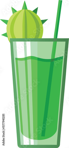 Cold Pressed Juice Variations Refreshing Green Cactus Cocktail in Tall Glass with Straw, Summer Drink Illustration, Vector Graphic Design