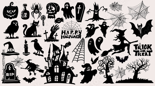 Set of Halloween black silhouettes. Haunted house, creepy tree, halloween ghost, coffin lid, flying witch, pumpkin, Ideal for creating eerie decorations, seasonal designs, and festive digital projects