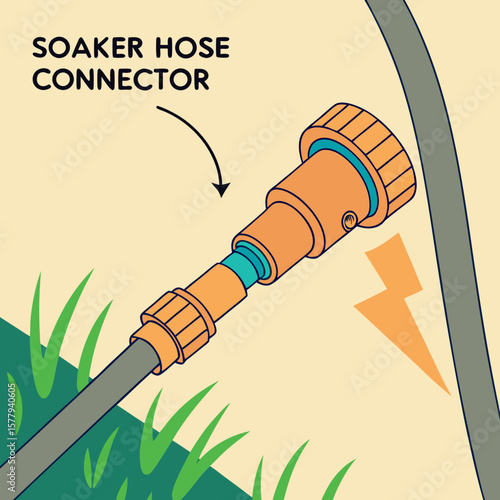Soaker hose connector for garden irrigation system on grass background  