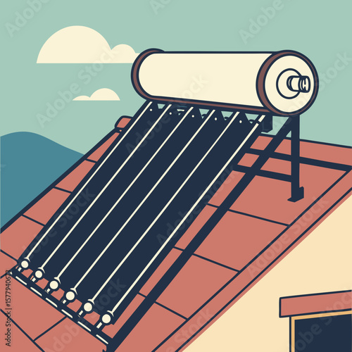 Solar water heater installed on roof with blue sky and mountains  