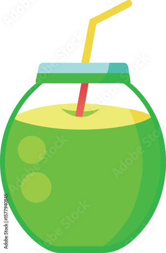 Smoothie Bowl Graphic Presentations Refreshing Green Coconut Water Drink in Glass Jar with Straw, Summer Beverage Icon Illustration