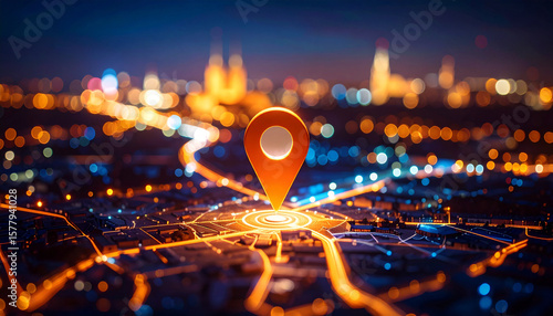 Futuristic map interface with glowing GPS location pin in smart city at night, digital navigation concept, AI-generated