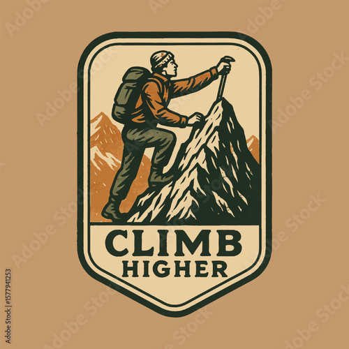 Vintage style climber ascending rocky mountain peak with climb higher text