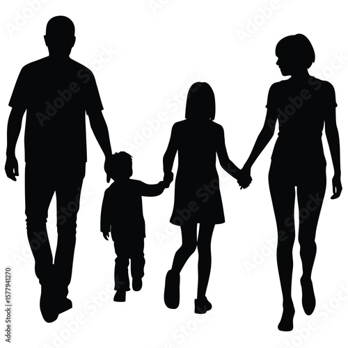 Silhouette of a Family Walking Away in Park Holding Hands or Arms Around