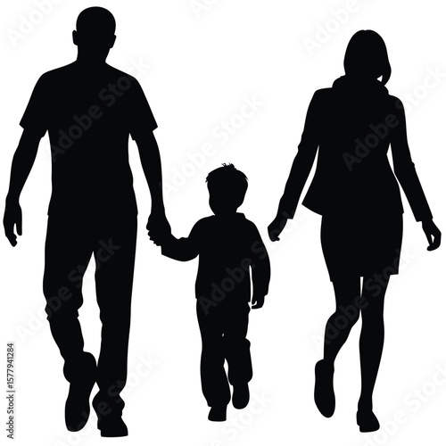 Silhouette of a Family of Four Walking Away in a Park Together