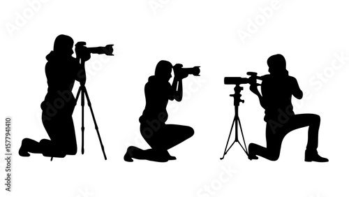 Sheet of Silhouette Photographers in Action – Kneeling, Adjusting Camera, Tripod Setup PNG Transparent Background
