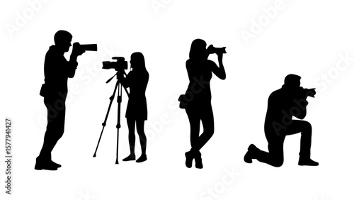 Sheet of Silhouette Photographers in Action – Kneeling, Adjusting Camera, Tripod Setup PNG Transparent Background
