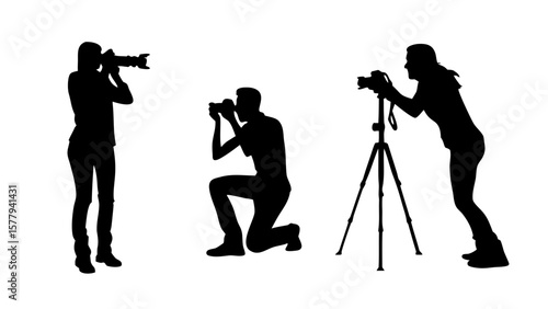 Sheet of Silhouette Photographers in Action – Kneeling, Adjusting Camera, Tripod Setup PNG Transparent Background