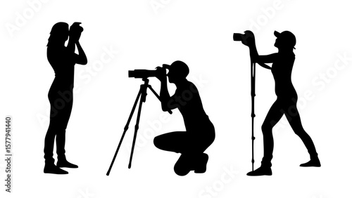 Sheet of Silhouette Photographers in Action – Kneeling, Adjusting Camera, Tripod Setup PNG Transparent Background