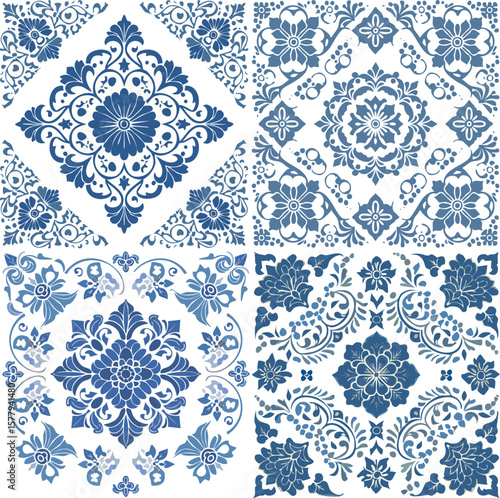 Blue and White Chinoiserie Toile Floral Tile