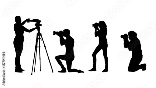Sheet of Silhouette Photographers in Action – Kneeling, Adjusting Camera, Tripod Setup PNG Transparent Background