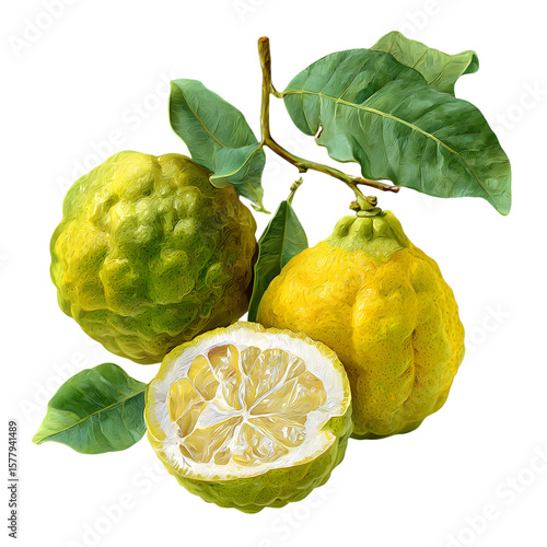Two whole and one half bumpy textured bergamot oranges with green leaves on a branch isolated on transparent background