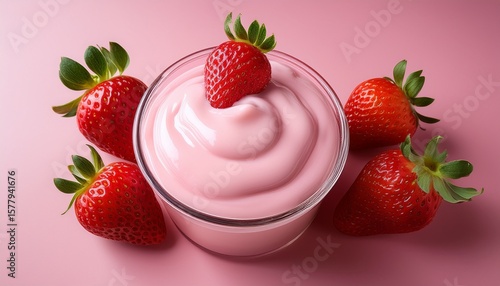 a delectable cup of strawberry yogurt sits against a soft pink background crowned with a vibrant strawberry slice inviting all for a delightful taste generative ai