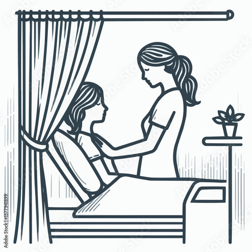 Nurse caring for a patient with compassion in a hospital room, line art illustration
