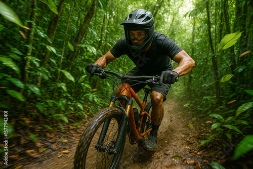 Mountain Biker Racing Through Jungle Trail