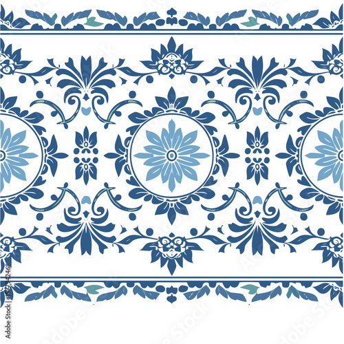 Blue and White Chinoiserie Toile Floral Border
