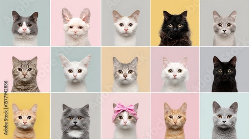 Various cats on colorful backgrounds