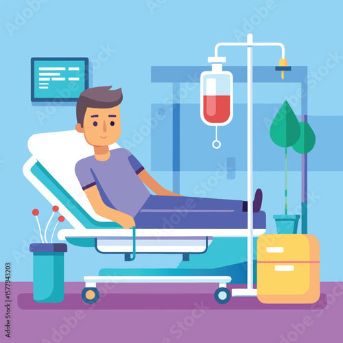 Illustration of a patient lying in a hospital bed receiving intravenous therapy in a modern medical room