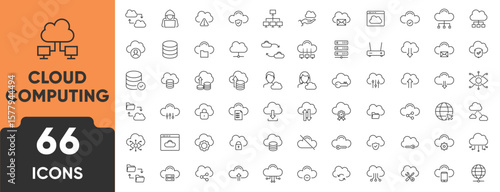 Cloud Computing Line Icon Set. Set of 66 outline icons including cloud, server, data storage, firewall, encryption, security, and digital services. Editable stroke. Linear vector illustration.