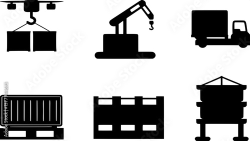 "Modern shipping and freight vector icon set in clean line art. Includes icons of pallets, containers, loading cranes, air cargo, drones, and distribution hubs."