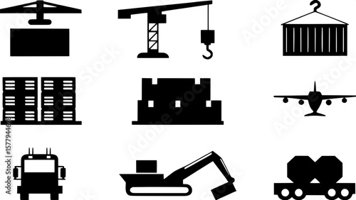 "Modern shipping and freight vector icon set in clean line art. Includes icons of pallets, containers, loading cranes, air cargo, drones, and distribution hubs."