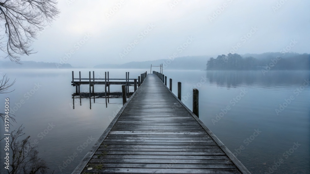 Obraz premium Serene Lakeside Foggy Morning Pier Extending into Silent Water's Reflections