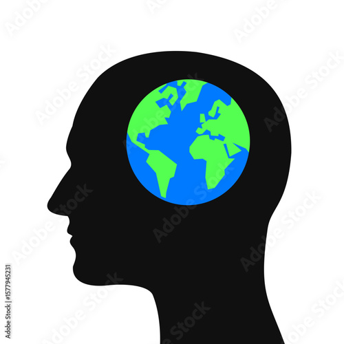 Climate anxiety and Ecological grief. Silhouette of human head with Planet Earth instead of brain. Metaphor of man thinking about universe and environment. Vector illustration isolated on white.