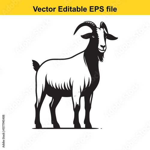 A horned goat with a beard, Silhouette,  isolated on white background