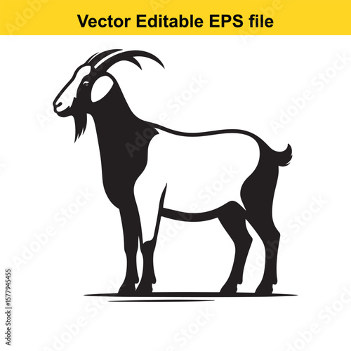 A horned goat with a beard, Silhouette,  isolated on white background