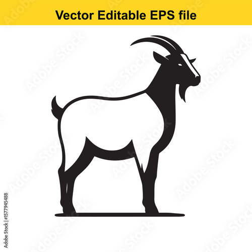 A horned goat with a beard, Silhouette,  isolated on white background