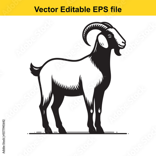 A horned goat with a beard, Silhouette,  isolated on white background