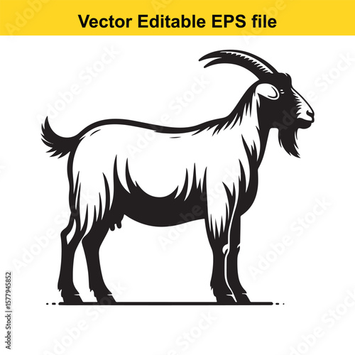 A horned goat with a beard, Silhouette,  isolated on white background
