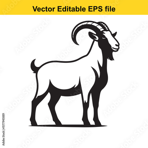 A horned goat with a beard, Silhouette,  isolated on white background