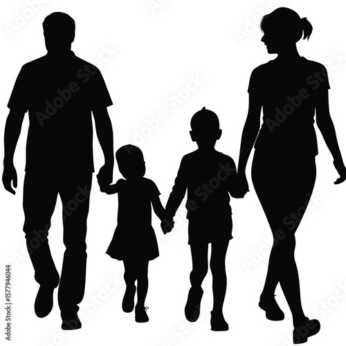 Silhouette of a family of four walking together holding hands vector design