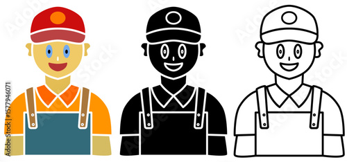 cheerful worker icon with vest and hat, simple flat style, vector illustration, symbol, design logo template pictogram, for ui or ux isolated on white for mobile app, editable