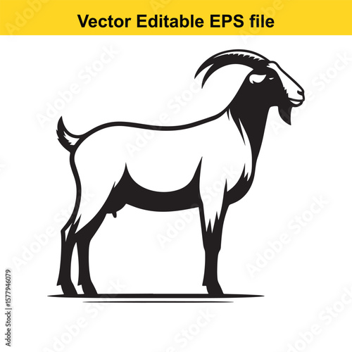 A horned goat with a beard, Silhouette,  isolated on white background