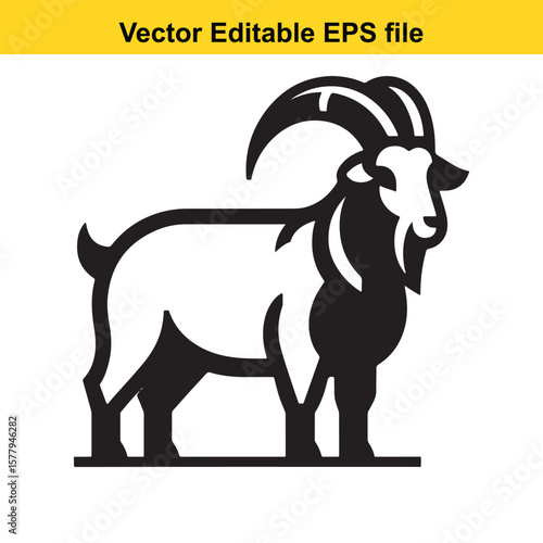 A horned goat with a beard, Silhouette,  isolated on white background