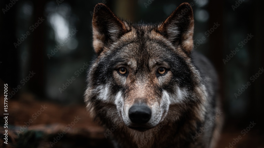 Close-up wolf portrait in forest Close-up wolf portrait in forest