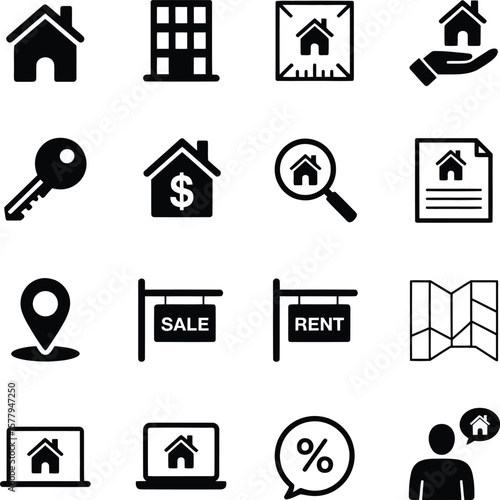 Vector Real Estate & Property Icons: A Comprehensive Set for Buying, Selling, and Renting Homes.