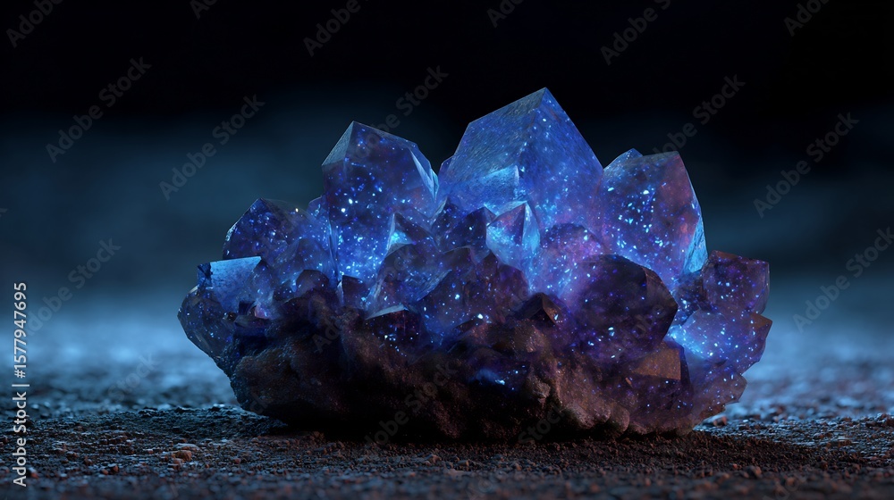 Obraz premium Bioluminescent glowing crystal cluster dark cave radiant blue and violet hues hyper realistic rock and mineral textures sci fi or natural hybrid stock concept
