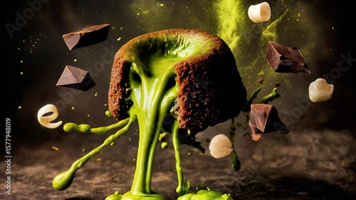 Decadent dessert featuring molten matcha lava cake oozing green filling, surrounded by chocolate pieces and nuts, creating a visually stunning culinary masterpiece