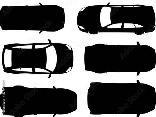 "Set of car silhouette icons with doors visibly open. Different vehicle orientations: side profile, front view, rear view, and aerial view. Thin line vector style, high contrast black on transparent b
