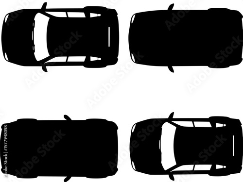 "Set of car silhouette icons with doors visibly open. Different vehicle orientations: side profile, front view, rear view, and aerial view. Thin line vector style, high contrast black on transparent b