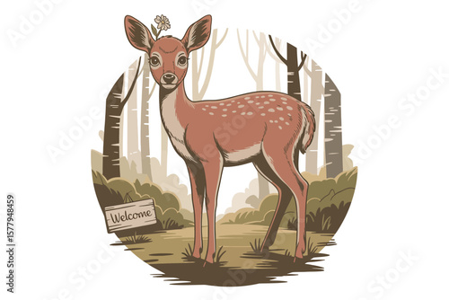 Cute fawn with flower in forest with welcome sign deer trees
