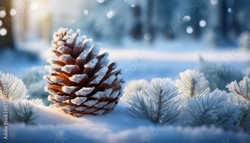 enchanted pine cone dusted with shimmering frost in a winter wonderland