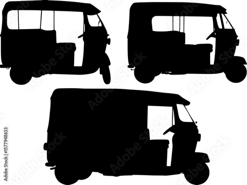 Set of three-wheel auto rickshaw black silhouette icons — Includes side view, front view, and angled perspective illustrations of traditional motor rickshaws. Clean vector art in bold black lines. 
