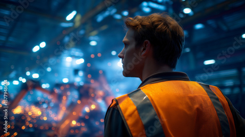 Wallpaper Mural Worker Inspecting Robotic Arms in Dimly Lit Factory Torontodigital.ca
