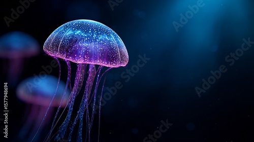 Bioluminescent jellyfish glowing underwater vibrant blue purple hues isolated clear deep sea high contrast lighting realistic marine environment clean dark background perfect ocean life stock imagery