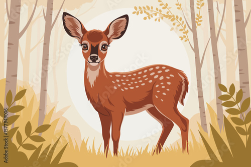 Young deer standing in a forest with autumn foliage fawn woodland