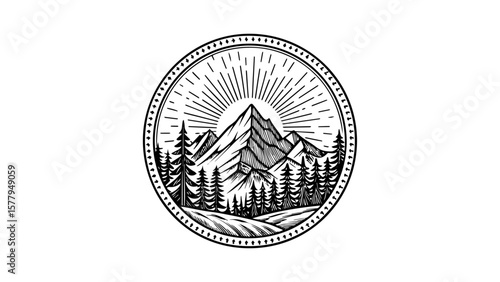 Hand-Drawn Circular Mountain Logo with Sun Rays and Forest – Vintage Outdoor Adventure Emblem